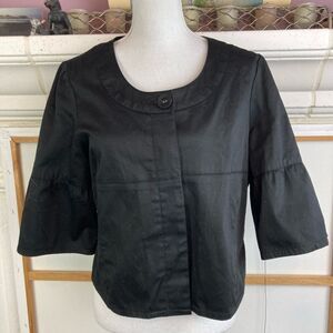 Sandro black cotton cropped blazer w/ fabric covered buttons interest sleeves